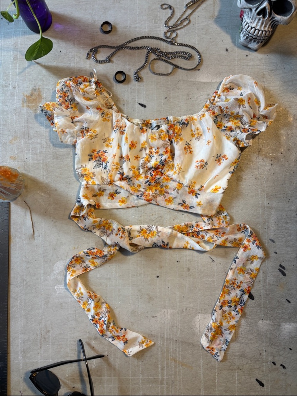 Love Tree White Crop Top with Yellow Floral Tie-Waist